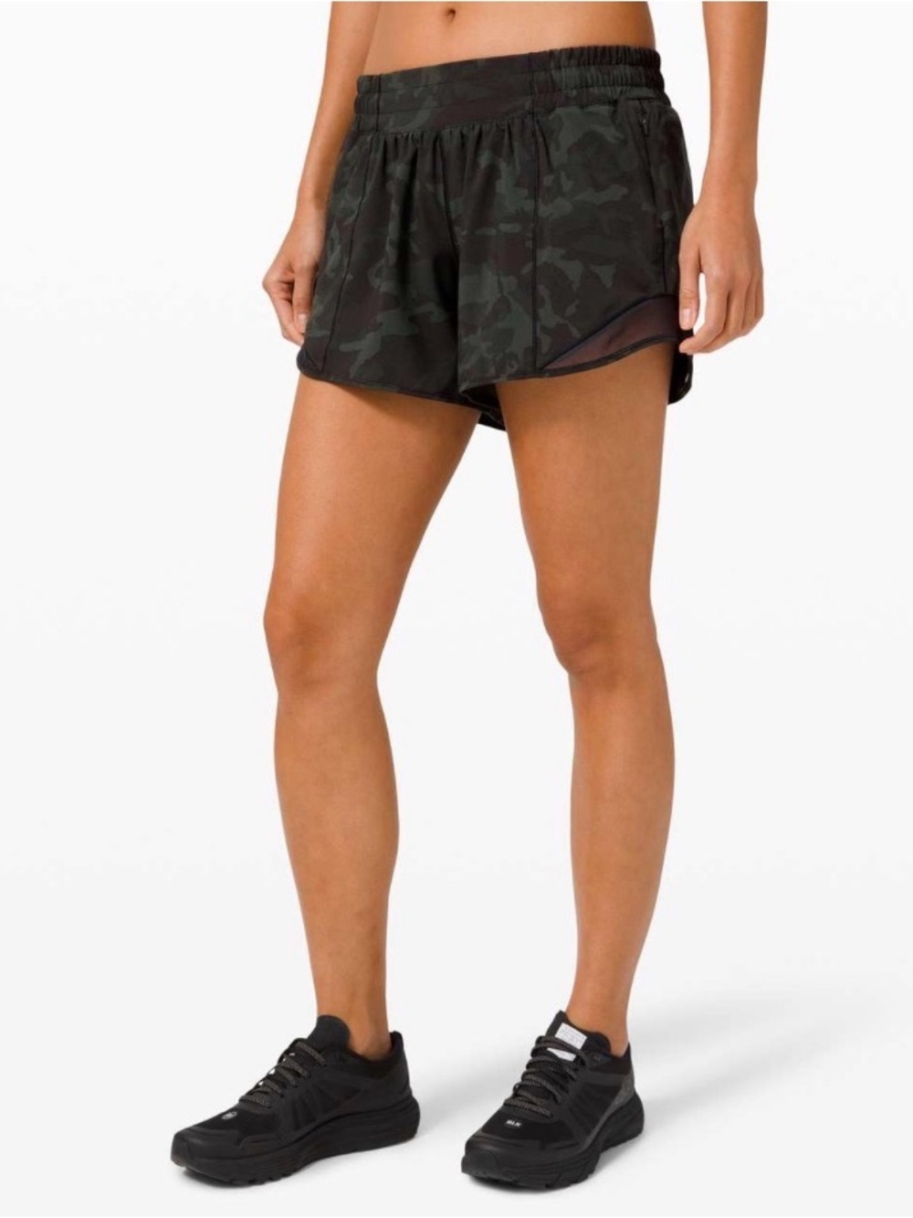 Lululemon Hotty Hot Short II Long 4" in Incognito Camo Multi Gator Green / Black